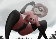 breasts drawing giantess city mega color large_breasts butt destruction rampage buildings brunette brown_eyes gloves short_hair boots squatting hand mask thighs crouching costume milf disney handled debris mrs._incredible the_incredibles pinched elasti-girl pixar kisparlius eyemask incredibles