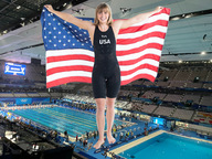 giantess collage blonde color swimsuit barefoot smiling stadium short_hair tokyo indoors looking_at_viewer crowds swimming_pool zebos2003 katie_ledecky olympic_games