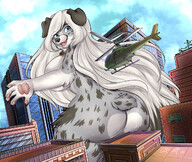 drawing giantess white_hair nude furry macro tail city mega dog color long_hair butt blue_eyes buildings helicopter topless clouds outdoors sky looking_back sideboob bare_butt rear_view bare_legs bare_midriff villmix bare_thighs csairman crazymangak