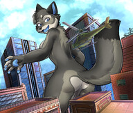 drawing giantess nude furry macro wolf tail city color butt blue_eyes buildings helicopter topless smiling short_hair clouds outdoors sky looking_back sideboob bare_butt rear_view bare_legs bare_midriff villmix bare_thighs csairman crazymangak