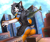 drawing giantess nude furry macro tail city dog color long_hair butt blue_eyes buildings helicopter topless smiling ponytail clouds outdoors sky grey_hair looking_back sideboob bare_butt rear_view bare_back bare_legs bare_midriff villmix bare_thighs rhodysia multicoloured_fur
