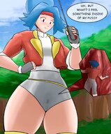 drawing pokemon blushing color red_eyes blue_hair gloves short_hair unaware entrapment clouds outdoors sky semi_nude hairband panty_entrapment clothing_entrapment bare_thighs girlskando