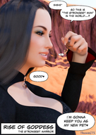 growth comic black_hair color clothed fantasy cleavage desert brown_eyes shrunken hand humiliation teasing fingers outdoors choker dialogue handled looking_at_tiny digital_render heavy_eyeshadow thuwa-gts rise_of_goddess