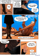 growth comic black_hair color clothed fantasy skirt high_heels desert shrunken hand humiliation teasing sand clouds outdoors sky dialogue handled digital_render cleavage_window thuwa-gts rise_of_goddess wyvern-slayer