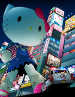 drawing cat city color clothed buildings low_angle vehicles clouds night outdoors sky giant_robot hello_kitty ghostbusters bleedman sanrio