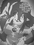 drawing giantess size_difference monochrome long_hair clothed handheld high_angle smiling hand fangs shrunken_man tangled dialogue in_hair pointed_ears kononiko hair miniguy grayscale skull_ornaments