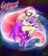 drawing giantess white_hair earth space color long_hair clothed planet high_heels smiling pink_hair gloves collar outdoors tattoo closed_eyes stars cosmic_giantess terra majoumegami purple_gloves