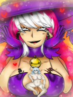 drawing gentle color long_hair cleavage smiling pink_hair gloves love witch hand palm heart collar shrunken_people hat rachel closed_eyes no_background highlights cleavage_window nude_tiny white_highlights majoumegami purple_gloves devlin deathfilm dak uuroboro95848497