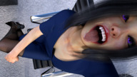 vore black_hair color tongue blue_eyes clothed mouth cleavage high_heels stockings high_angle short_hair sitting nylons looking_up imminent_vore digital_render sticking_out_tongue caroline_drivolt itadakimasu