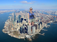 giantess collage giga city color long_hair clothed ocean buildings brunette unknown_artist watch shorts airplane sunglasses clouds outdoors sky purse rings necklace new_york_city source_needed bare_legs