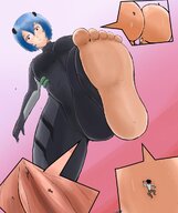 drawing color clothed toes barefoot soles climbing red_eyes blue_hair sweat short_hair neon_genesis_evangelion unaware looking_down climbing_foot sweaty_foot rey_(star_wars) girlskando croxkoikatsu