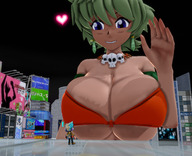 breasts gentle giantess city mega color large_breasts blue_eyes cleavage buildings huge_breasts smiling green_hair short_hair wave outdoors choker jungle_de_ikou digital_render mii_(jungle_de_ikou) ayrtonclimax2nd denmark ninjala