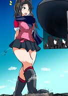 drawing giantess crush feet blushing giga city black_hair color long_hair destruction blue_eyes skirt buildings boots foot_crush jets clouds outdoors sky under_foot boot_crush ace_attorney hair_bun kay_faraday gtsyear skeb