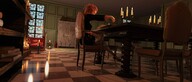 color clothed high_heels red_hair hand table chair shrunken_person indoors handled looking_at_tiny digital_render velocity-vektor looking_person