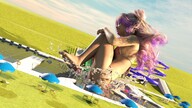 bikini giantess blonde color long_hair barefoot smiling pink_hair pool grass clouds outdoors sky semi_nude digital_render bare_back bare_legs bare_midriff velocity-vektor bare_thighs