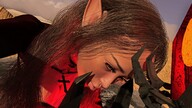 giantess mega color long_hair blue_eyes clothed cleavage desert brunette looking_down tower clouds sky choker necklace pointed_ears digital_render velocity-vektor cross_necklace
