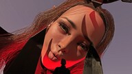 giantess mega color long_hair blue_eyes brunette face looking_down clouds outdoors sky choker point_of_view looking_at_viewer looking_at_tiny pointed_ears digital_render velocity-vektor