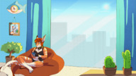 drawing gentle giantess panties furry macro tail anthro shark city mega color claws cleavage bra buildings blue_hair smiling paws window fangs animation clouds leaning_against_building indoors outdoors sky commission orange_hair apartment visor looking_in selfie cactus katie photographing nikki_(pogonip) pogonip skimpy_clothes bluemachine beanbag