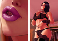 drawing panties vore comic black_hair color mouth purple_eyes smiling lips tights lingerie lipstick soft_vore indoors nail_polish semi_nude black_panties bare_midriff erimeinu shevron