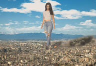 giantess crush collage giga city black_hair color long_hair destruction clothed buildings jeans wonderslug explosion looking_down clouds outdoors sky ripped_clothing looking_at_city samaria_regalado looking_at_tinies