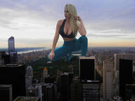 breasts giantess collage giga city blonde color long_hair cleavage buildings shoes unknown_artist kneeling clouds outdoors sky top new_york_city semi_nude source_needed central_park yogapants