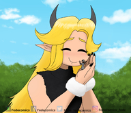 drawing gentle giantess blushing horns blonde color long_hair clothed smiling hugging closed_eyes monster_girl bracelet pointed_ears ogre royalwaffle stickmanland