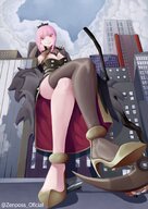 drawing giantess city mega color destruction clothed cleavage high_heels buildings red_eyes stockings smiling socks pink_hair dress sitting pink_eyes looking_down clouds background outdoors sky looking_at_viewer vehicle_crush legs_crossed sitting_on_building azmaybe9 hololive vtuber sitting_on_buildings callilust zenposs mori_calliope