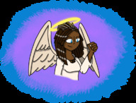 drawing micro wings angel color long_hair blue_eyes clothed brunette smiling hand dark_skin halo handling handled no_background looking_at_tiny tiny-zane