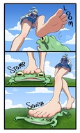 drawing crush feet upskirt comic color long_hair blue_eyes clothed toes barefoot skirt soles blue_hair low_angle smiling dress foot_crush shrunken_man looking_down grass clouds sky under_foot point_of_view raised_foot frog on_shoulder bare_legs konosuba aqua ameliaafterdark beysterdude