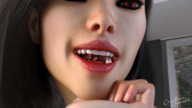 vore black_hair color long_hair mouth teeth red_eyes smiling scared mawshot shrunken_woman indoors digital_render sadistic_smile kazumi caroline_drivolt
