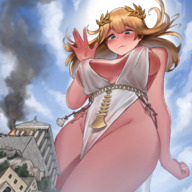 drawing giantess blushing mega blonde color long_hair blue_eyes cleavage green_eyes goddess low_angle smiling underboob fire worship looming looking_down smoke clouds sky point_of_view sideboob crowds semi_nude temple greek toga loincloth bare_legs looking_at_tinies kkasi00 skimpy_clothes bare_thighs wreath laurels
