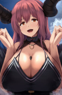 breasts drawing giantess horns size_difference color large_breasts long_hair clothed cleavage bra red_eyes huge_breasts smiling shrunken pink_hair red_hair dress demoness collar open_mouth clouds outdoors sky choker necklace looking_at_viewer between_breasts amber_eyes kureha_kanzaki