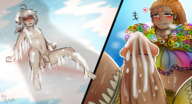 drawing giantess white_hair aroused color long_hair futanari cum penis sweat smiling shrunken_man clouds outdoors sky orange_eyes semi_nude orange_hair genshin_impact nude_tiny majoumegami nolae77 kazuha
