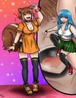 vore tail clothed mouth cleavage shoes brunette brown_eyes smiling socks short_hair hand mawshot shrunken_woman choker bracelet long_socks imminent_vore handled black_socks no_background looking_at_tiny majoumegami bulliedmizuki