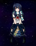 drawing giantess earth space black_hair color long_hair clothed planet skirt shoes stockings smiling socks sitting looking_down grey_eyes stars long_socks black_socks scarf cosmic_giantess sitting_on_planet gnetle terra majoumegami giantess_violet