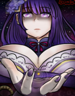breasts drawing giantess color large_breasts long_hair clothed cleavage purple_hair huge_breasts purple_eyes looking_down flower nail_polish stars cosmic_giantess solar_system looking_at_tinies genshin_impact terra hair_flower majoumegami nolae77 eicairn baal shogunraiden