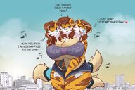drawing giantess furry macro city mega color large_breasts cleavage buildings helicopter huge_breasts brunette smiling cerberus shorts tigress clouds thighs outdoors sky top dialogue multiple_tails bare_legs thick bare_midriff three_headed galaxytigress biggestowo three_heads