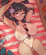 breasts drawing gentle giantess size_difference black_hair color long_hair swimsuit beach cleavage glasses high_angle smiling relax lying_down sand looking_up outdoors looking_at_viewer bare_legs beach_towel between_breasts miniguy lying_on_back bare_thighs nenekun_ midriff_window calagin4 hairflower