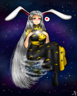 breasts drawing giantess earth space color long_hair bunny_ears clothed planet touhou red_eyes smiling moon socks dress sitting clouds atmosphere grey_hair stars black_socks cosmic_giantess sitting_on_planet between_breasts terra majoumegami nolae77