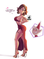 breasts drawing color clothed high_heels brunette dress short_hair looking_down choker milf looking_back earrings dialogue edit no_background looking_at_tiny bare_legs armlet bare_midriff heavy_eyeshadow hilda_(series) alfur johanna_(hilda) linkartoon