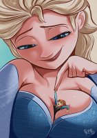 breasts drawing giantess blonde color large_breasts long_hair blue_eyes clothed cleavage finger princess huge_breasts smiling dress poke queen shrunken_woman looking_down frozen disney anna no_background looking_at_tiny cleavage_window elsa princess_anna queen_elsa smirking between_breasts kisparlius