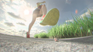 feet color shoes low_angle foot_crush shorts unaware running shrunken_man grass clouds shoe_crush outdoors sky under_foot raised_foot imminent_crush digital_render bare_legs explictharu naomi nude_tiny swwiftspoon