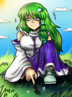 drawing gentle giantess color long_hair blue_eyes clothed finger touhou smiling green_hair kochiya_sanae dress hand looking_down grass shrunken_person clouds outdoors sky looking_at_tiny kneel majoumegami lillianna