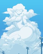 breasts giantess white_hair nude butt cleavage topless smiling legs clouds background sky bare_butt bare_legs bare_midriff bare_thighs uejini cloud_girl skyoutdoor