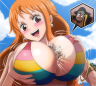 bikini breasts drawing giantess crush blushing color large_breasts long_hair destruction nami one_piece cleavage huge_breasts breast_crush brown_eyes smiling looking_down clouds outdoors sky earrings bracelet semi_nude orange_hair looking_at_tiny thedaibijin bare_midriff breast_crushd blackbeard