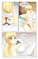 breasts drawing giantess panties blonde comic color large_breasts long_hair butt blue_eyes cleavage butt_crush smiling sitting fart shrunken_woman shrunken_man cruel indoors bedroom looking_back dialogue semi_nude panels red_panties looking_at_tiny on_breasts bare_legs saintxtail between_breasts sitting_on_tiny bare_thighs