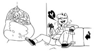 drawing vore furry anthro monochrome clothed shoes smiling sitting hand stomach shorts closed_eyes laugh handled no_background bare_legs bare_midriff grayscale inner_view emmacat64