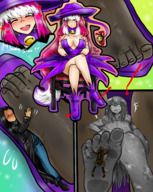 drawing feet comic color long_hair clothed cleavage yellow_eyes smiling pink_hair dress boots sitting entrapment under_foot hat looking_at_viewer smothering no_background highlights bare_legs shoe_entrapment white_highlights cross_legged majoumegami makotoinn
