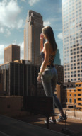 giantess collage city mega blonde color long_hair clothed buildings glasses shoes street watch sneakers clouds outdoors sky bracelet vans rear_view lagunalela