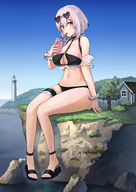 bikini drawing white_hair color cleavage ocean red_eyes tree short_hair sitting sandals drink sunglasses drinking houses sky flip_flops looking_at_viewer bracelet semi_nude cliff bare_legs bare_midriff bare_thighs azure_lane sirius light_tower scrunchies